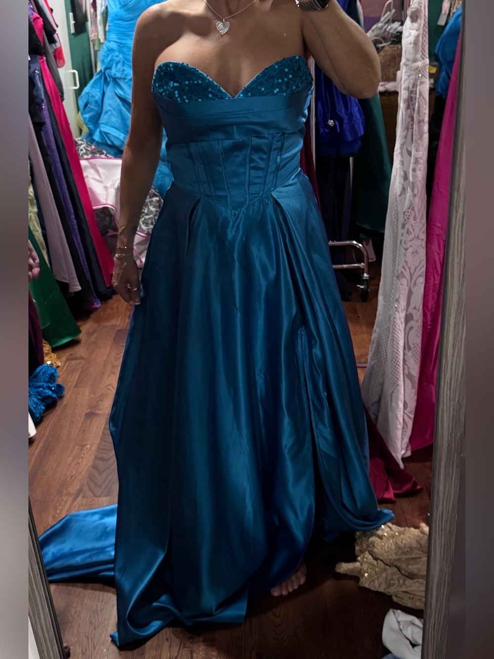 Teal Satin Strapless Evening Gown/Dress - Elegant Full-Length